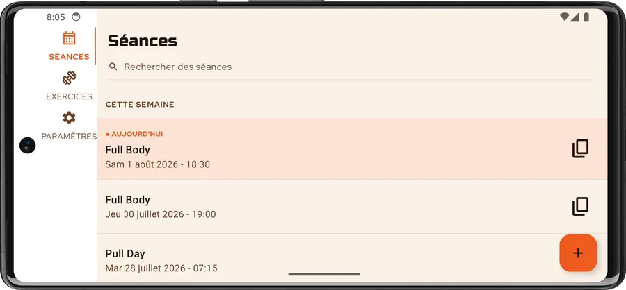 Écran de détail d'une séance