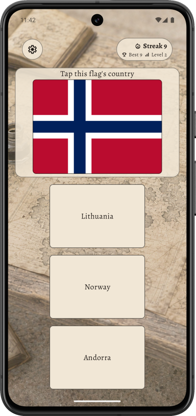 Name the flag quiz on a phone in light theme