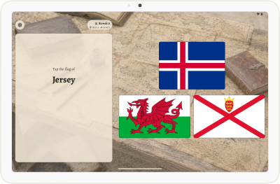 Flag from country's name quiz on a tablet in light theme