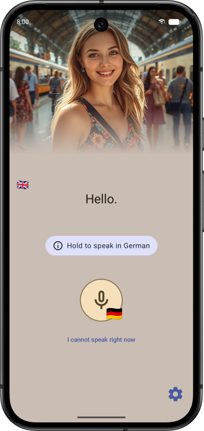 Eurolinguo speaking exercise: a word to translate and a hold-to-speak microphone button