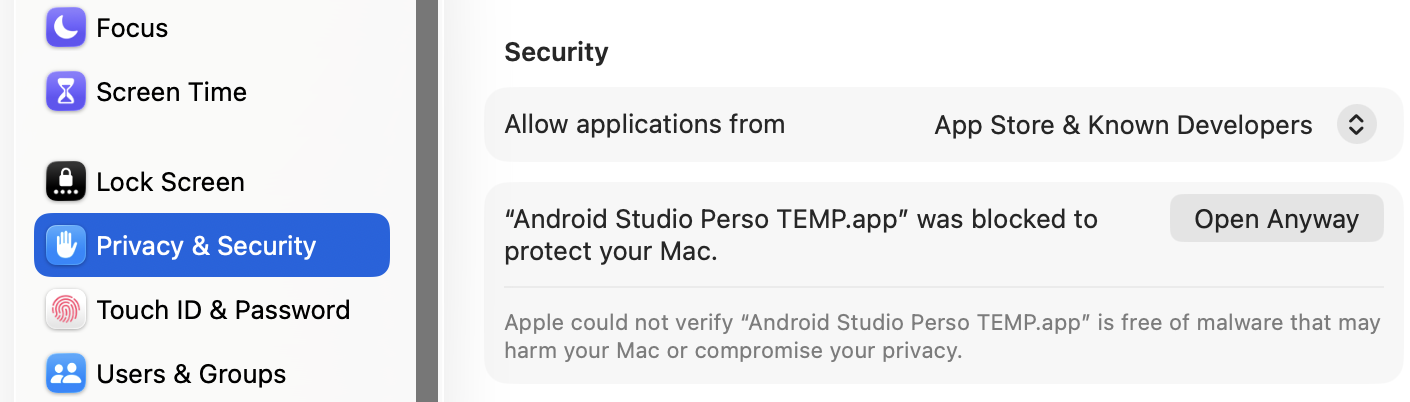 Authorize the copy of Android Studio in Security settings